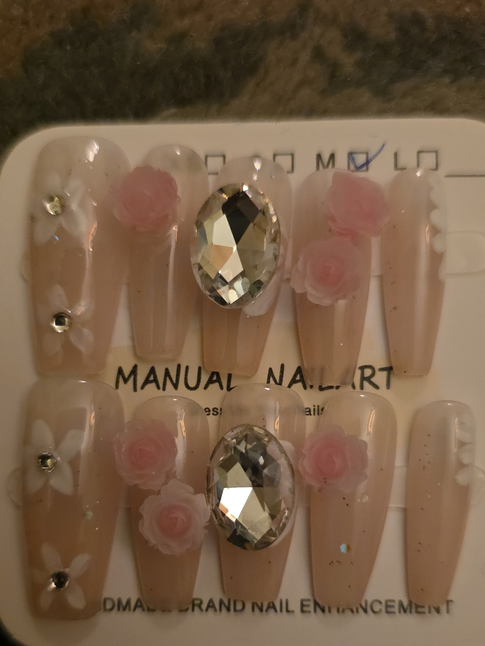 Elegant Pink Rose and Crystal Press-On Nails Size Med